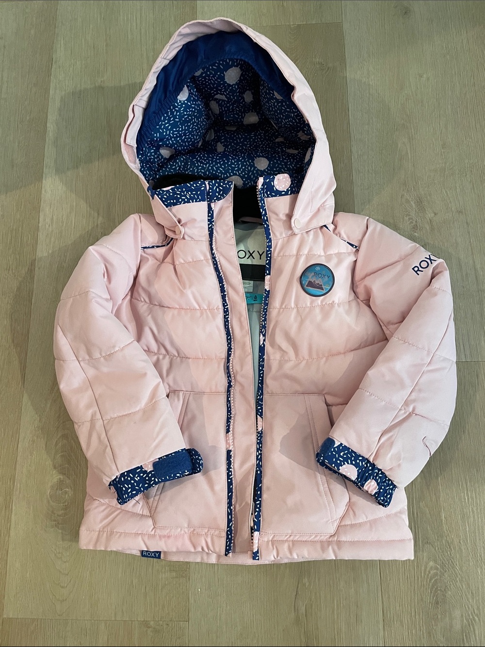 Roxy Girls' Light Pink Hooded Puffer Coat with Navy Lining